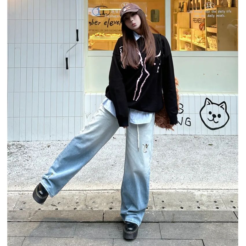 红艳美式高街渐变蓝牛仔裤夏季新款设计感宽松拖地阔腿裤子