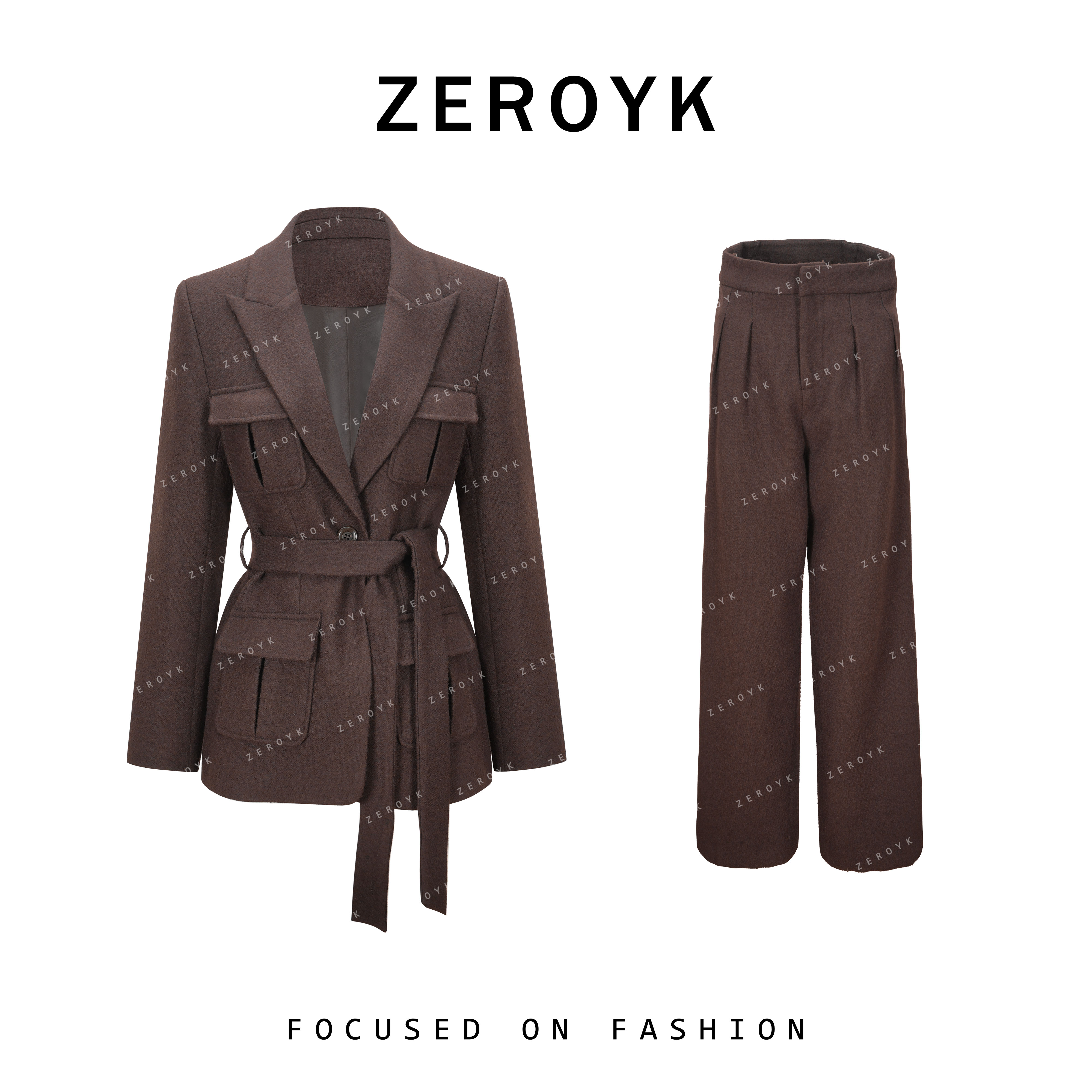 ZEROYK翎蔻 通勤时尚套装女高级感混纺羊毛西服直筒裤通勤两件套