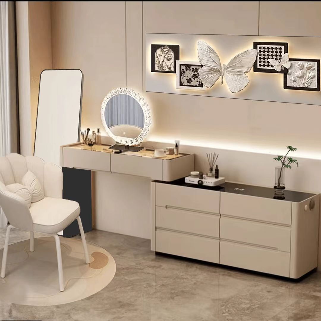 新款实木智能梳妆台斗柜一体无线充音响现代简约奶油风转角化妆桌