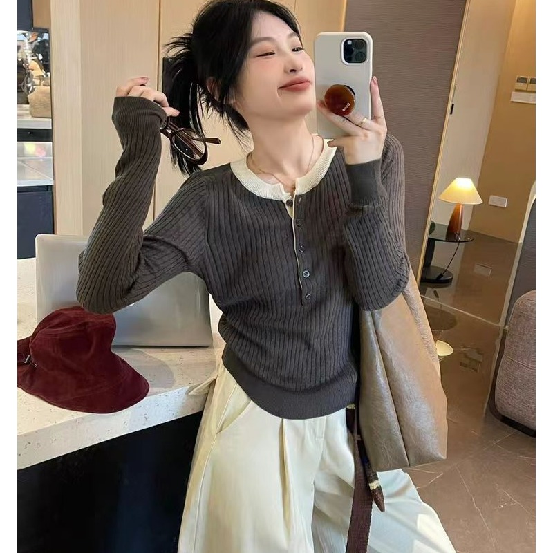 25新款韩系慵懒风假两件撞色亲肤时尚针织衫上衣女