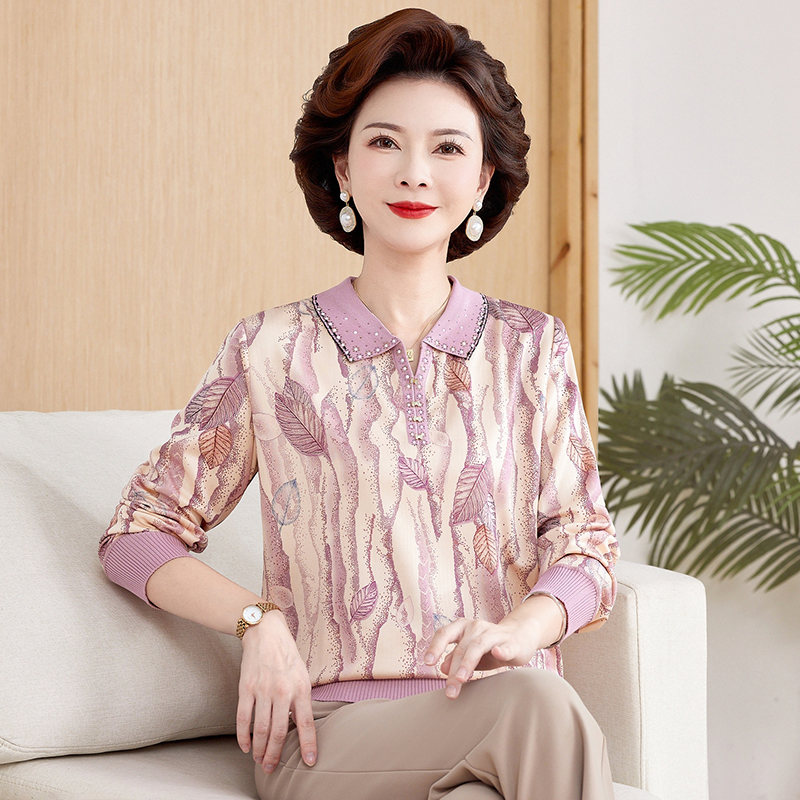 中年妈妈春装上衣女针织长袖婆婆装40岁5060老年人秋季翻领T恤衫
