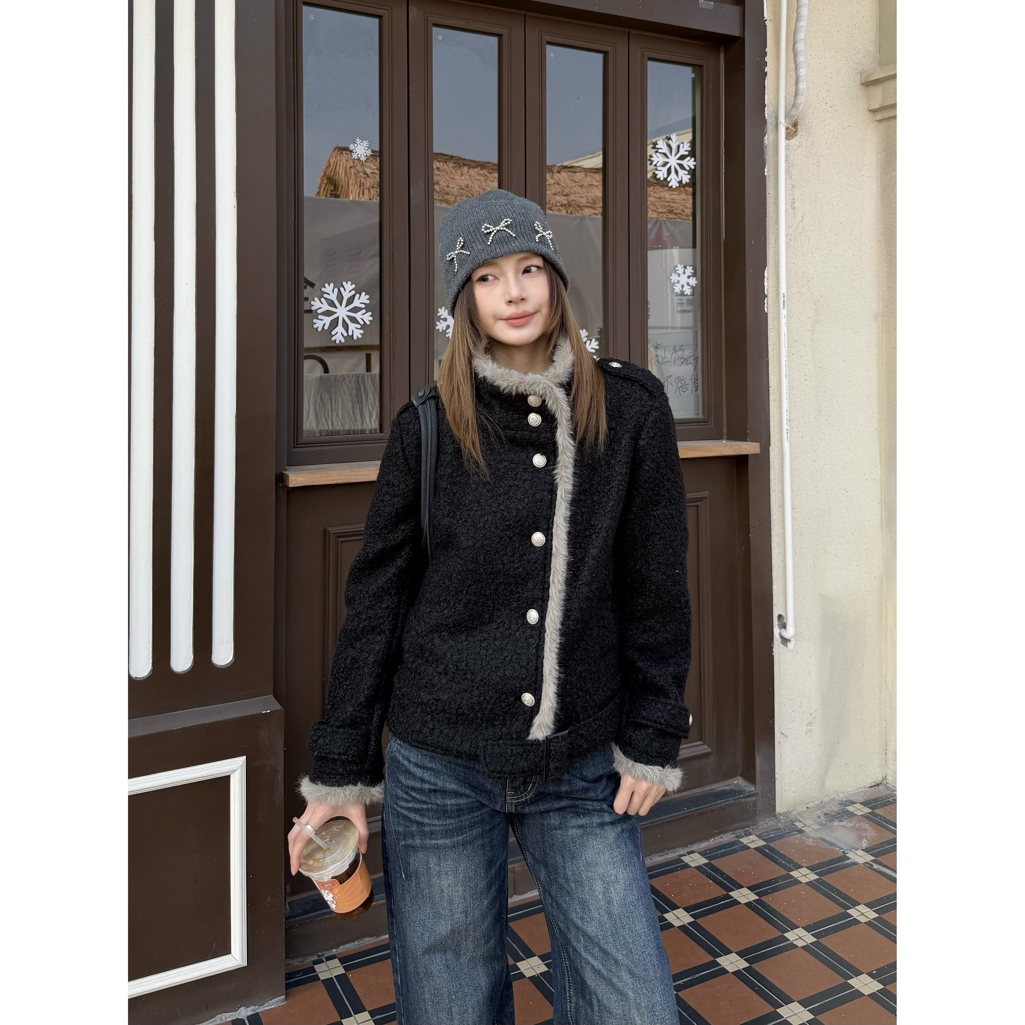 XFX 美式复古宽松毛毛拼接毛呢保暖外套女冬季小众设计感休闲上衣