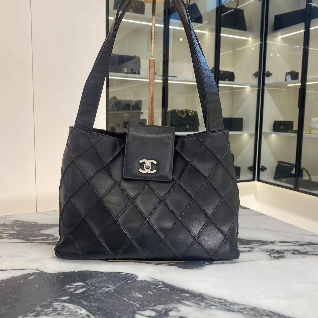 95新 Chanel/香奈儿 6开黑银经典菱格中古kelly托特单肩手提包