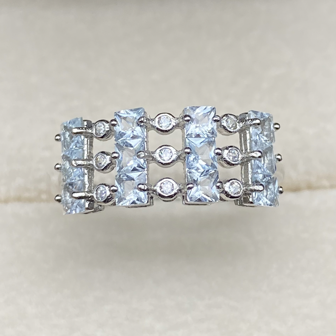 天然海蓝宝戒指排戒通体s925银轻奢精致豪华满钻气质时尚百搭YM