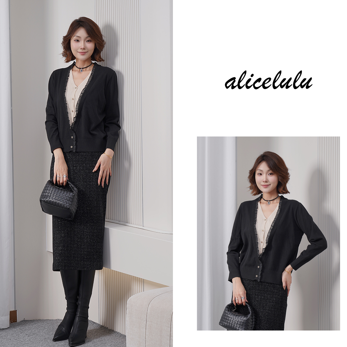 alicelulu知性叠影.V领针织衫撞色假两件高级感S2145253U