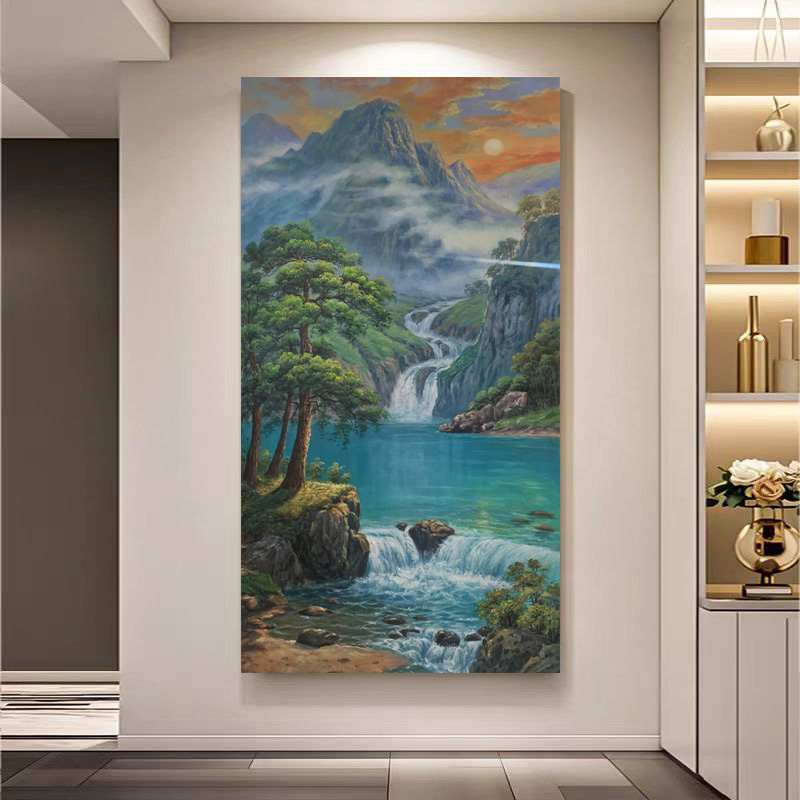 《山瀑云光图》79*148含内框刘春建手绘油画装饰画客厅挂画