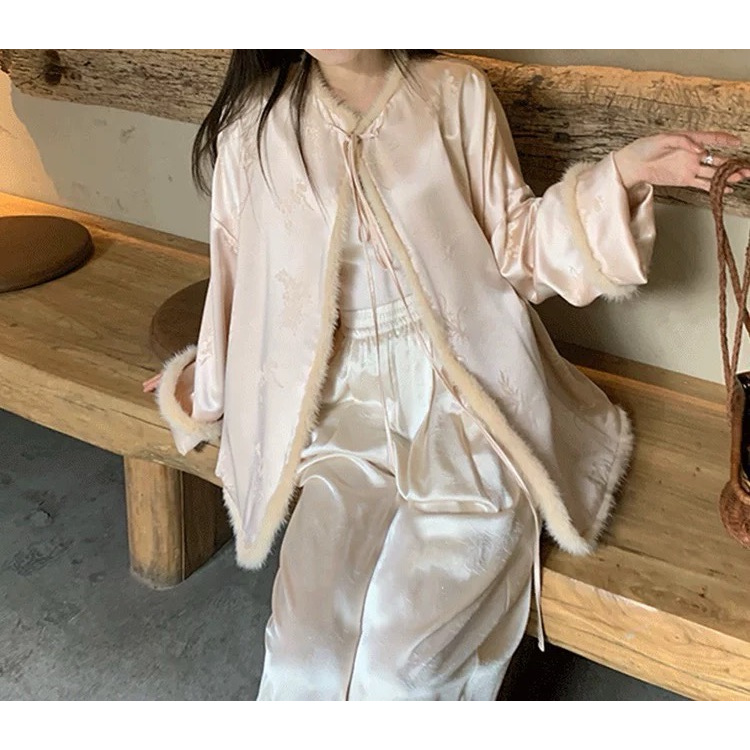 新中式女装粉色棉服女秋冬新款唐装国风提花醋酸毛毛气质外套