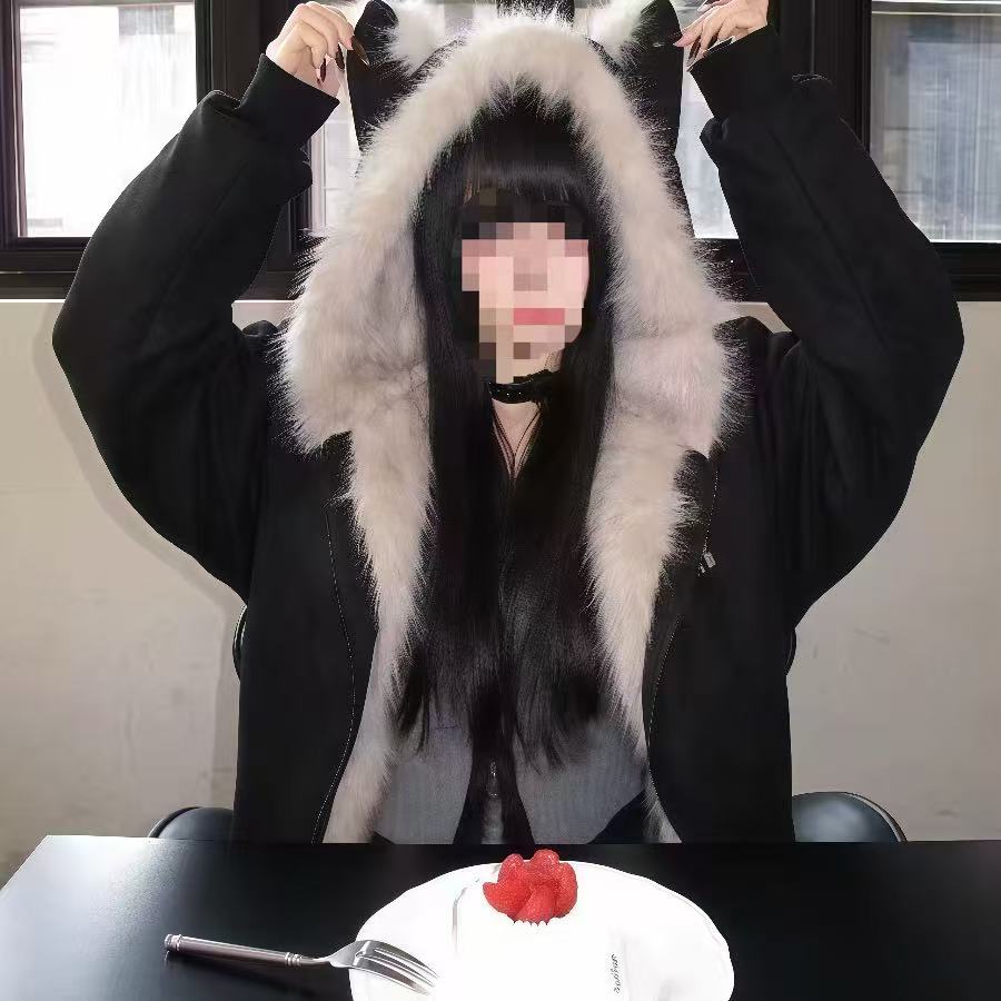 大码猫耳朵加绒连帽座山雕外套棉服女冬季新款保暖加厚棉服