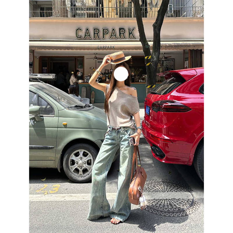 美式复古肌理感疏条纹浅色牛仔裤2025秋季显瘦遮跨休闲阔腿拖地裤