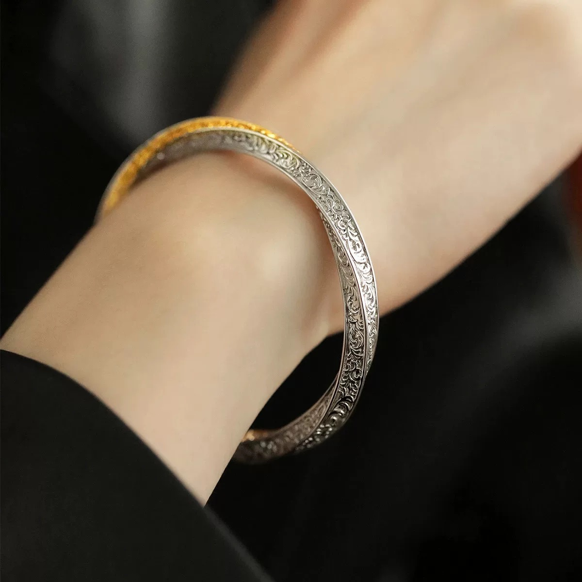 925银手镯 Fan~梵花 镯子925银 唐草重工吉祥花手镯 简约百搭