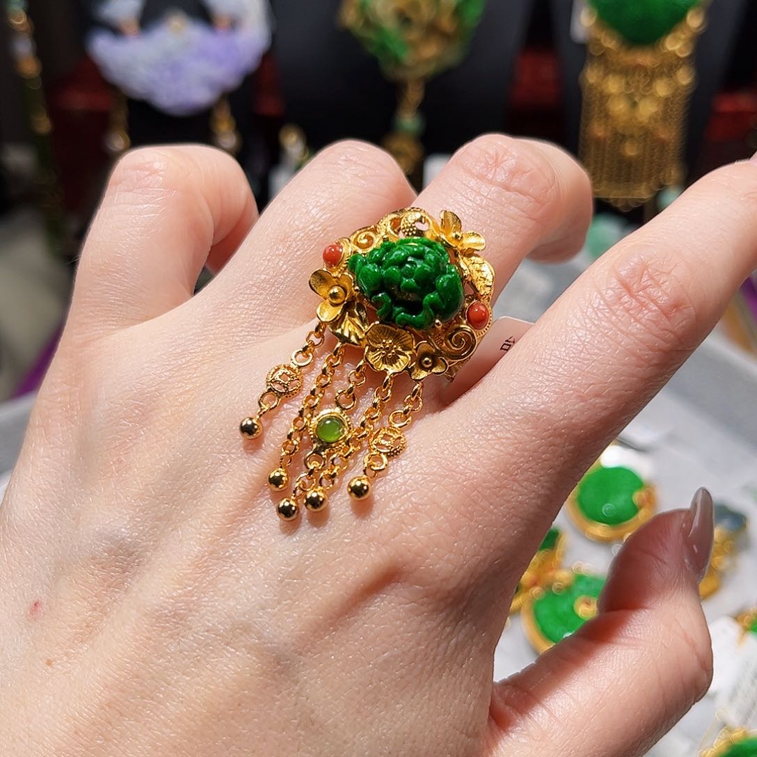 【闪购商品】翡翠戒指银S925镀金镶嵌翡翠