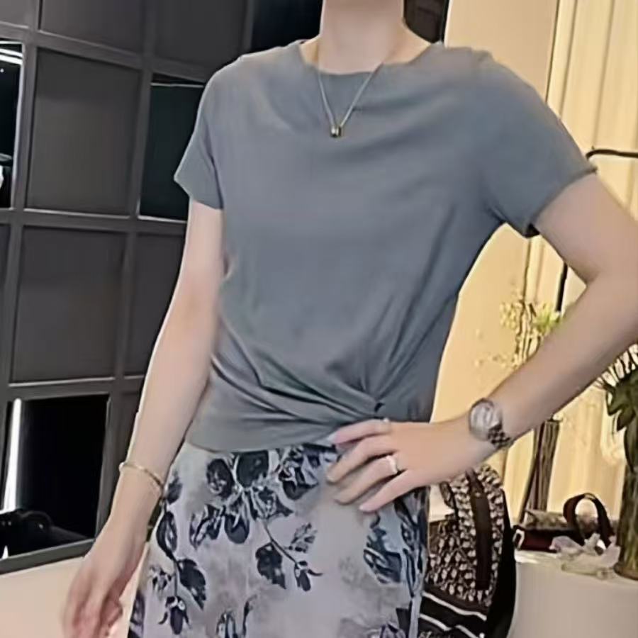 百搭简约纯色上衣夏季女新款设计感打结收腰显瘦短袖时尚圆领T恤