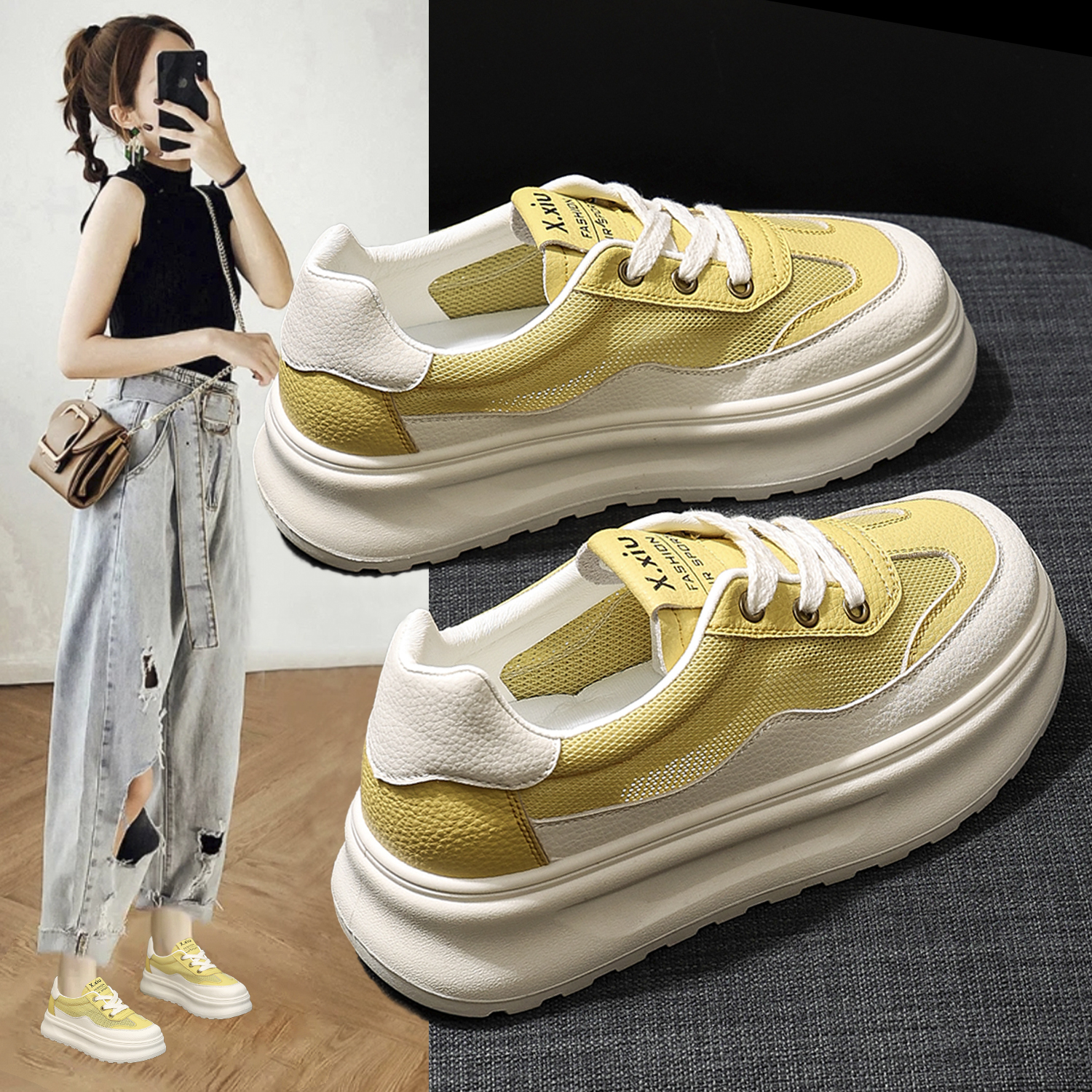 2025新款小白鞋百搭板鞋夏季厚底鞋子运动透气网面时尚女鞋