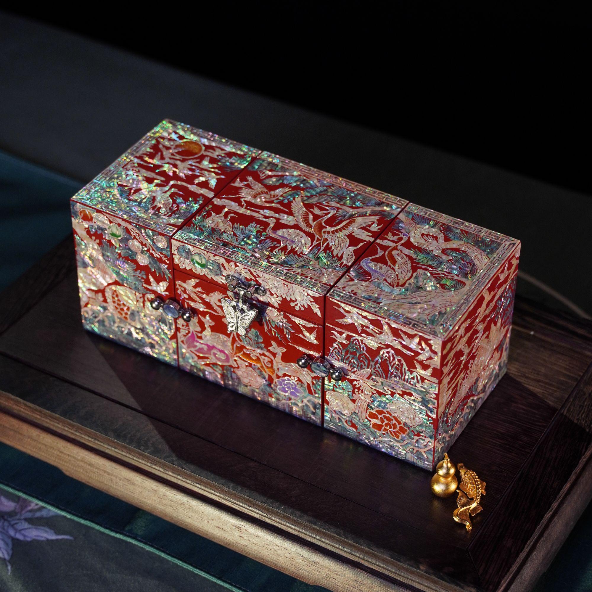 QD030【鹿鹤同春】三开螺钿漆器首饰盒高档饰品收纳盒