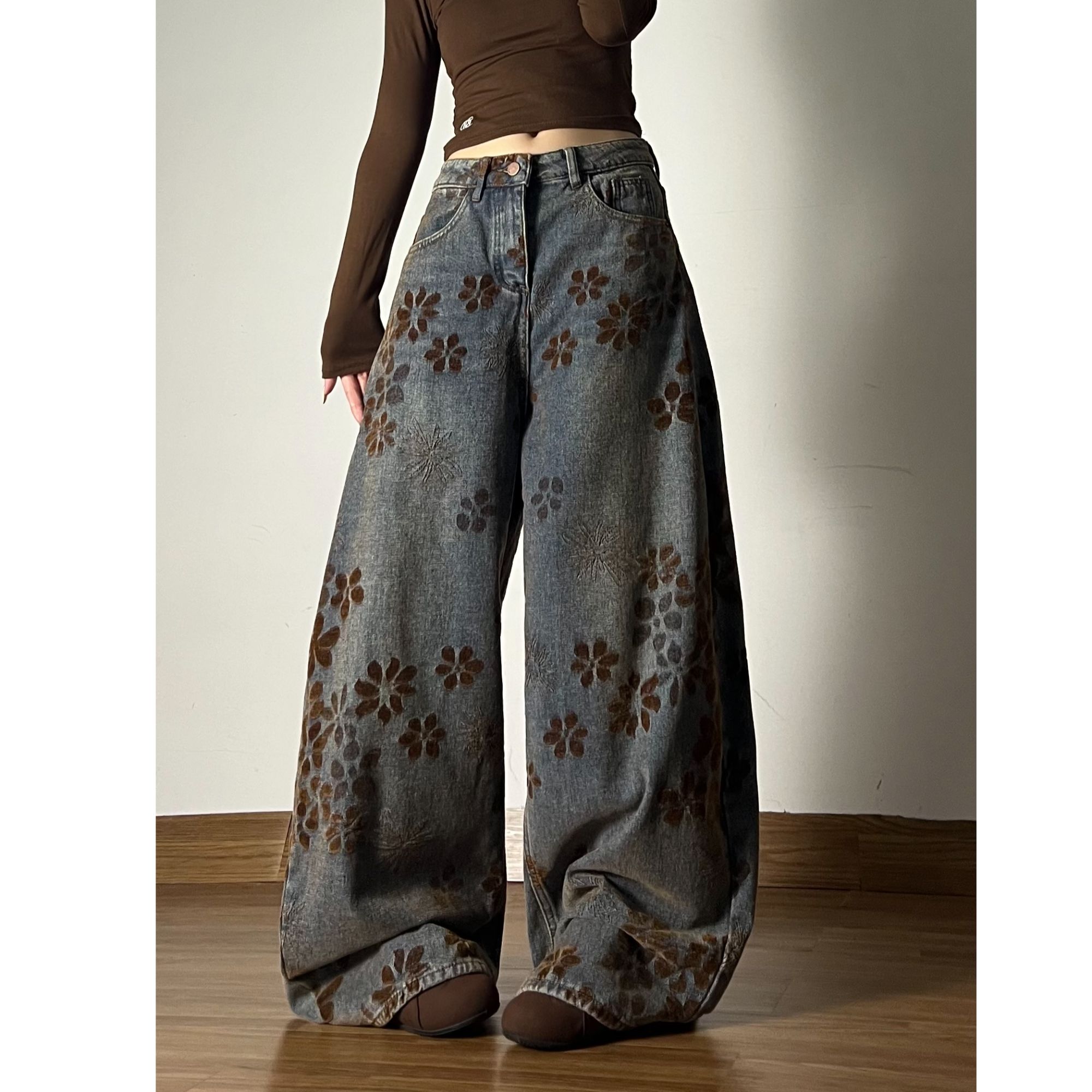 美式复古提花新中式牛仔裤女冬季设计感宽松阔腿裤弯刀拖地长裤子