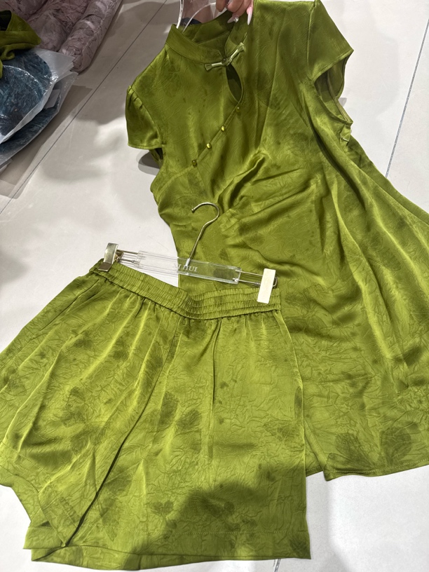 短裤葫芦扣修身蓝色豹纹旗袍显瘦女款新中式中套装