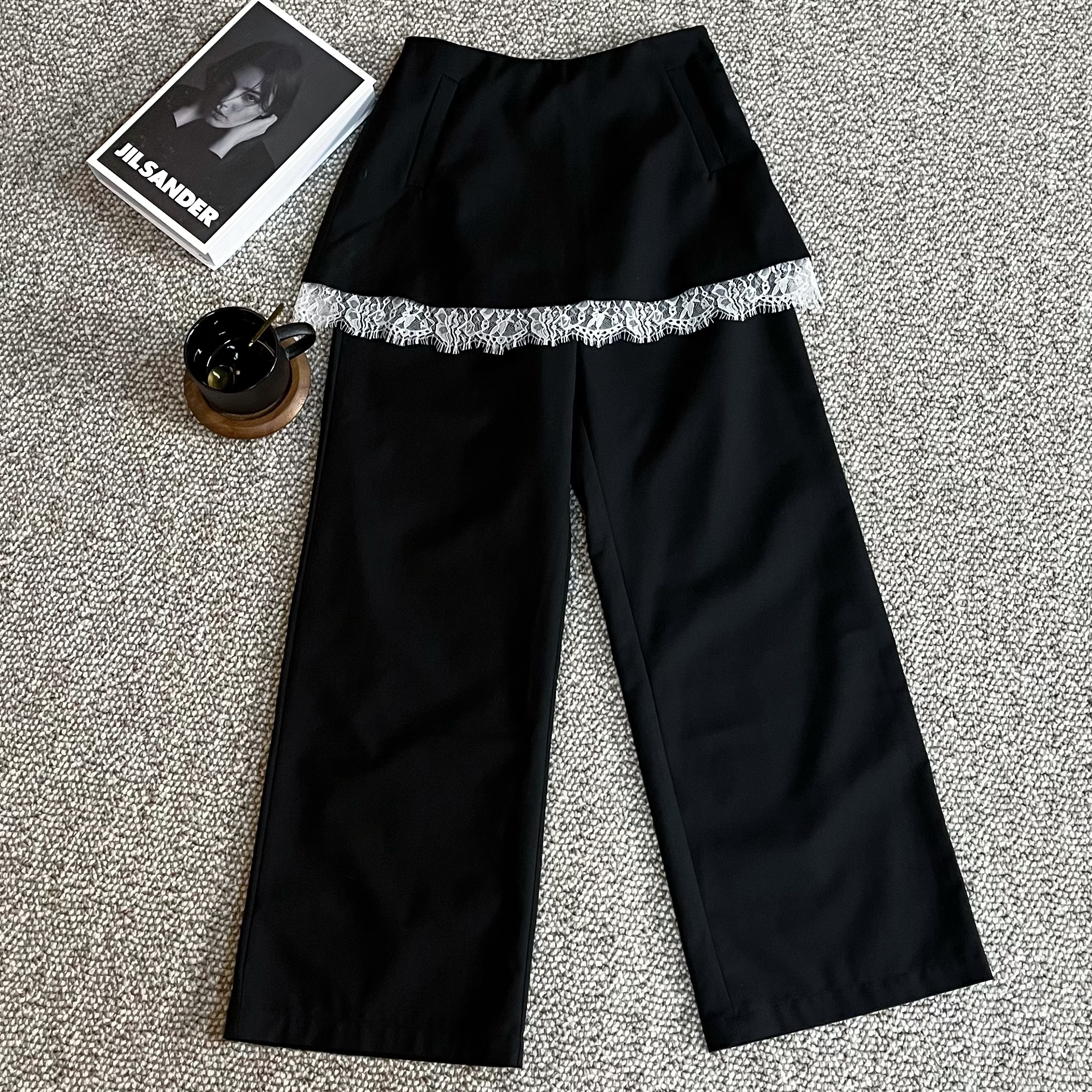 FY3182个性时尚蕾丝修边百搭裙帘拉链宽松显瘦高腰垂感休闲裤