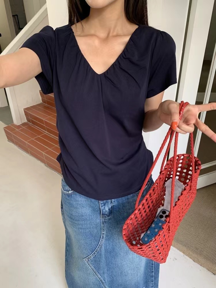 韩系简约V领褶皱修身款短袖T恤（25151/2587）