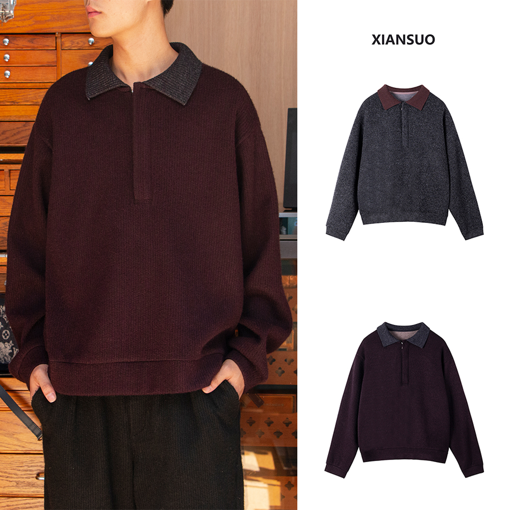 XIANSUO/缐鎖男士秋冬简约宽松舒适羊毛针织翻领毛衣 2546041