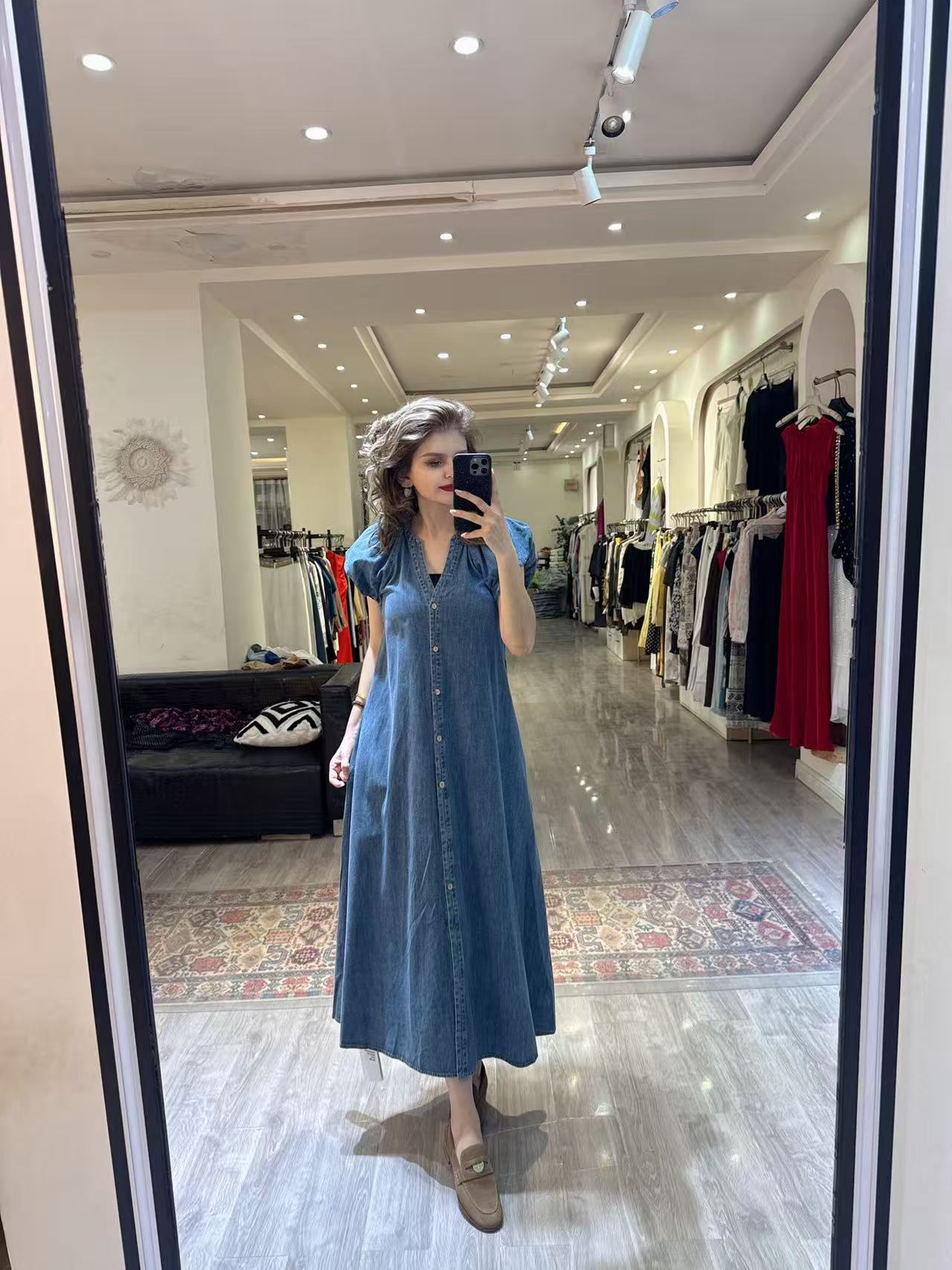 2025年自家原创设计V领套头夏季短袖高腰有气质女款连衣裙