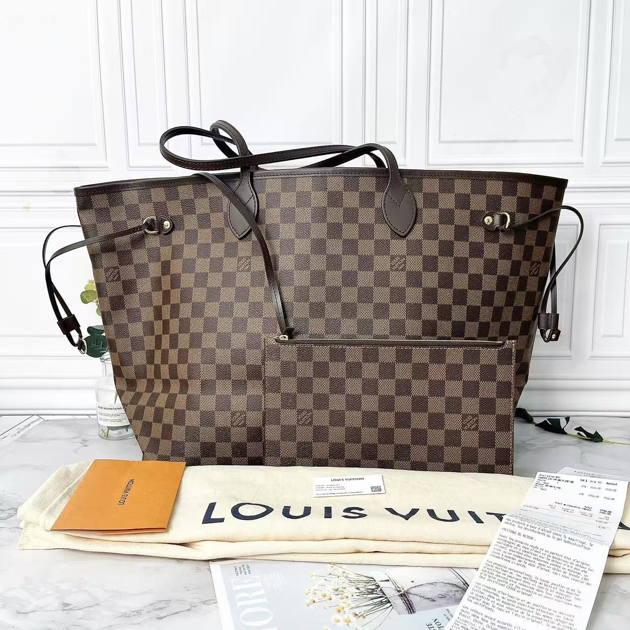 95新 LouisVuitton/路易威登 棕色棋盘格大号neverfull单肩包