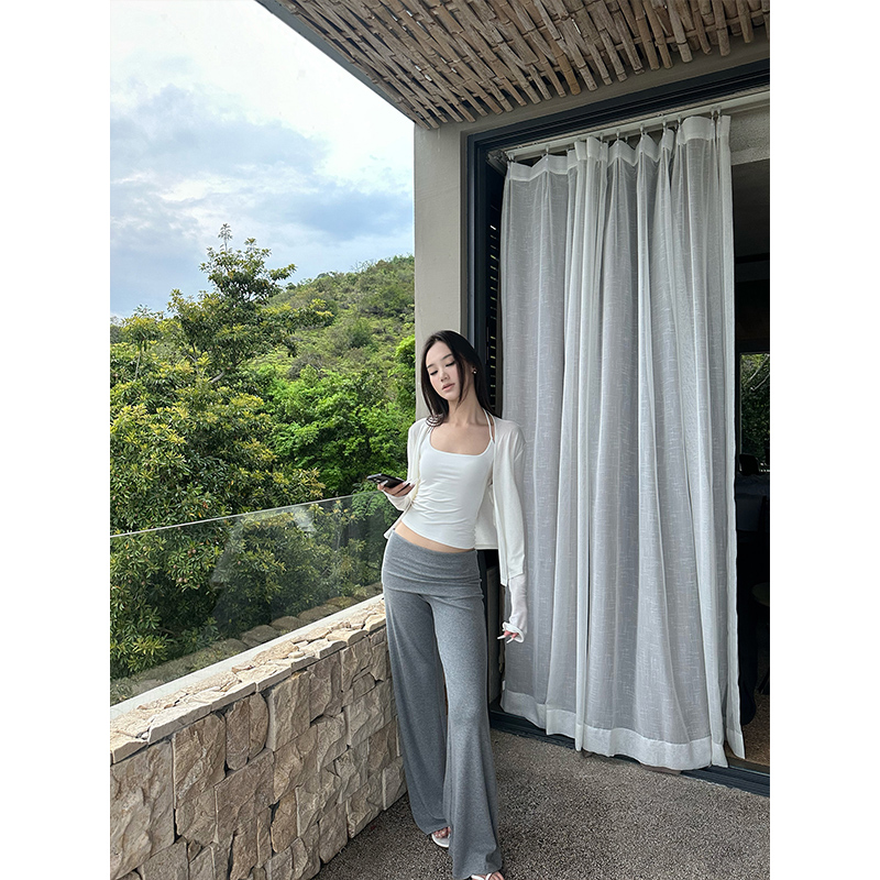 天丝羊毛短薄款开衫露背吊带背心翻折宽腰头直筒针织阔腿裤三件套