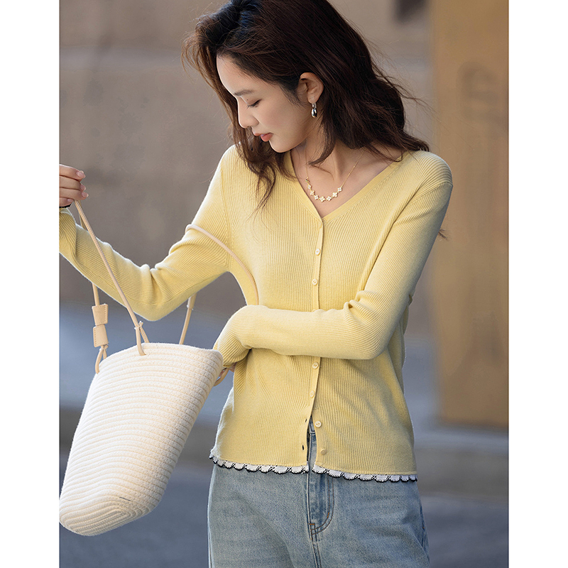 dme德·玛纳绵羊毛桑蚕丝混纺春季小香风V领织带线衫针织衫