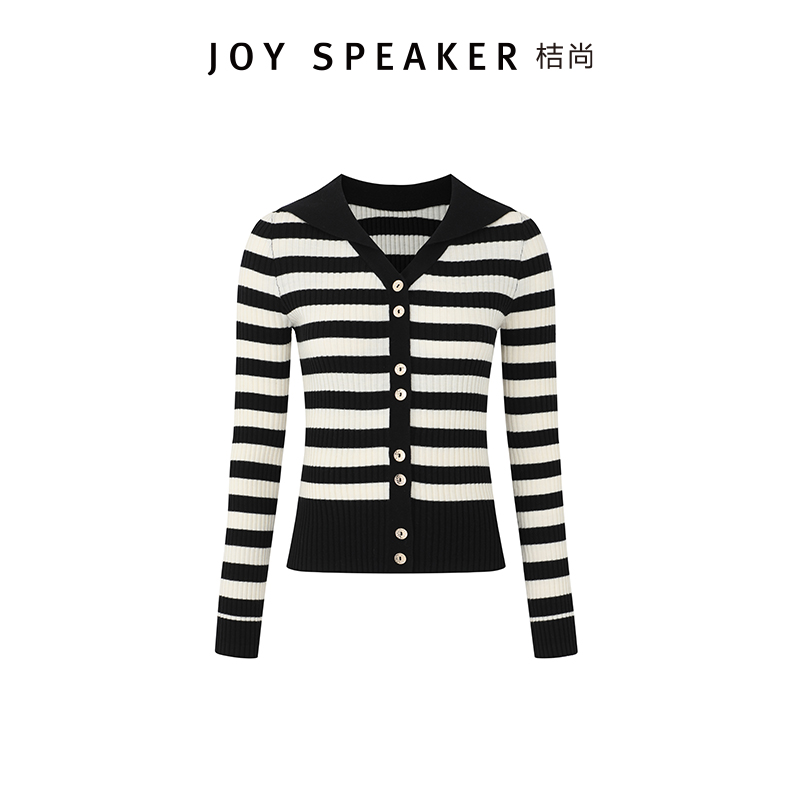 【JS027】JOY SPEAKER桔尚黑色横条纹针织开衫女秋季显瘦上衣