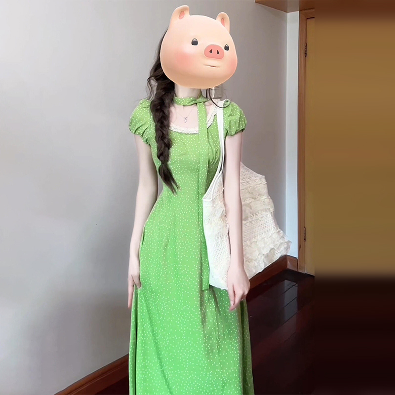 【现货+运补】法式复古绿色波点连衣裙子女夏海边度假气质长裙1976