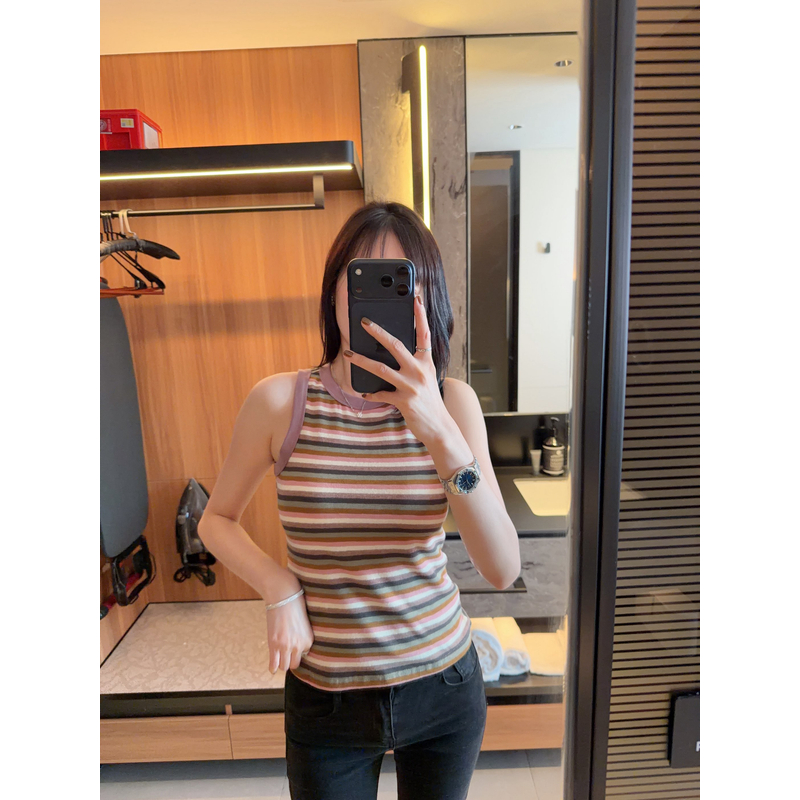 【张静芝】韩国新品~减龄洋气撞色条纹百搭休闲早秋女生圆领背心