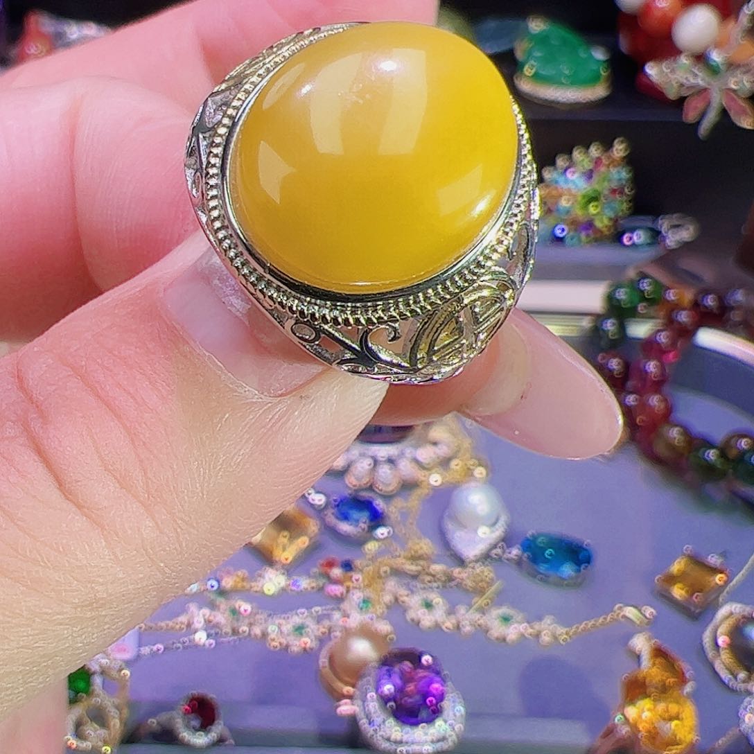 蜜蜡裸石银S925镶嵌戒指