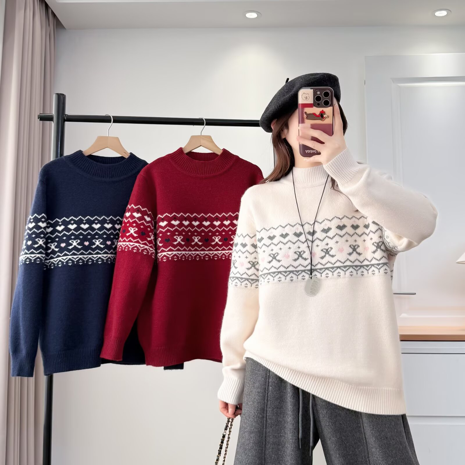 大码女装微胖冬季加厚针织半高领套头秋冬毛衣打底衫