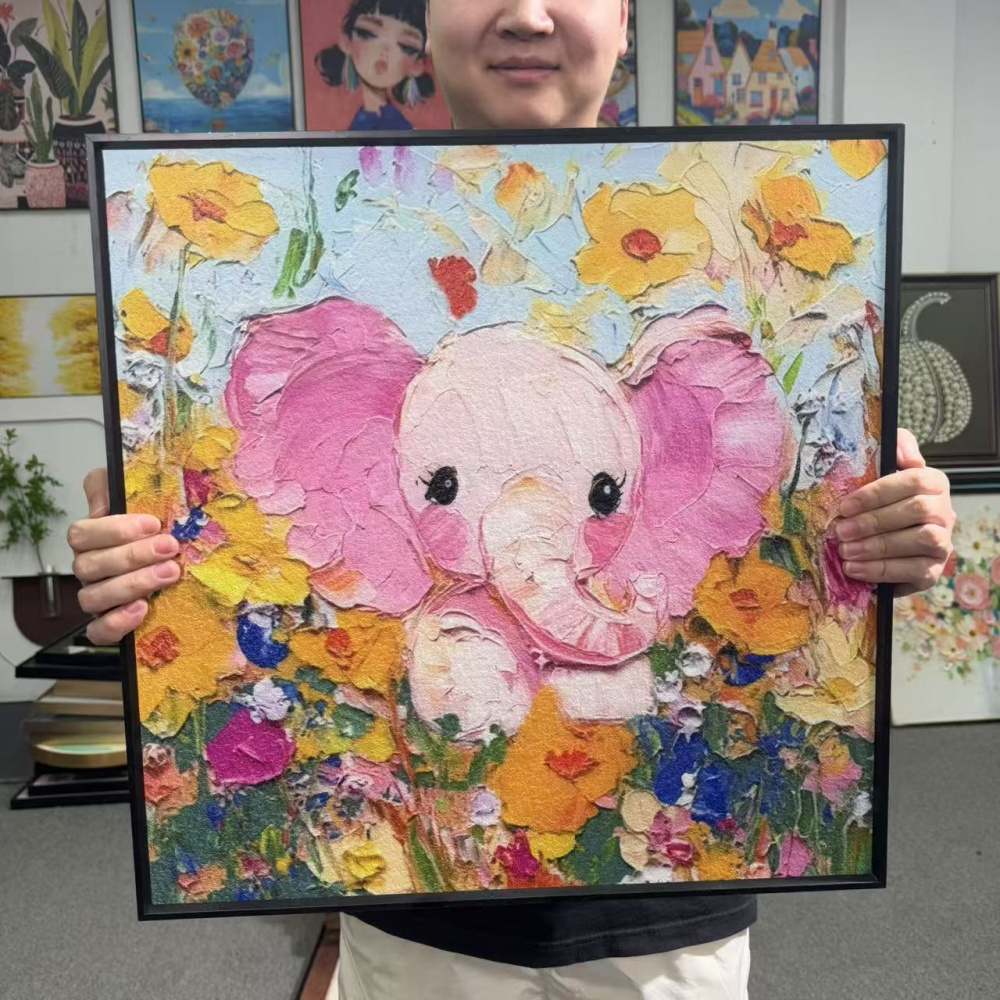 卡通小象油画风格房玄关客厅壁画装饰画轻奢高级感5050挂画D046