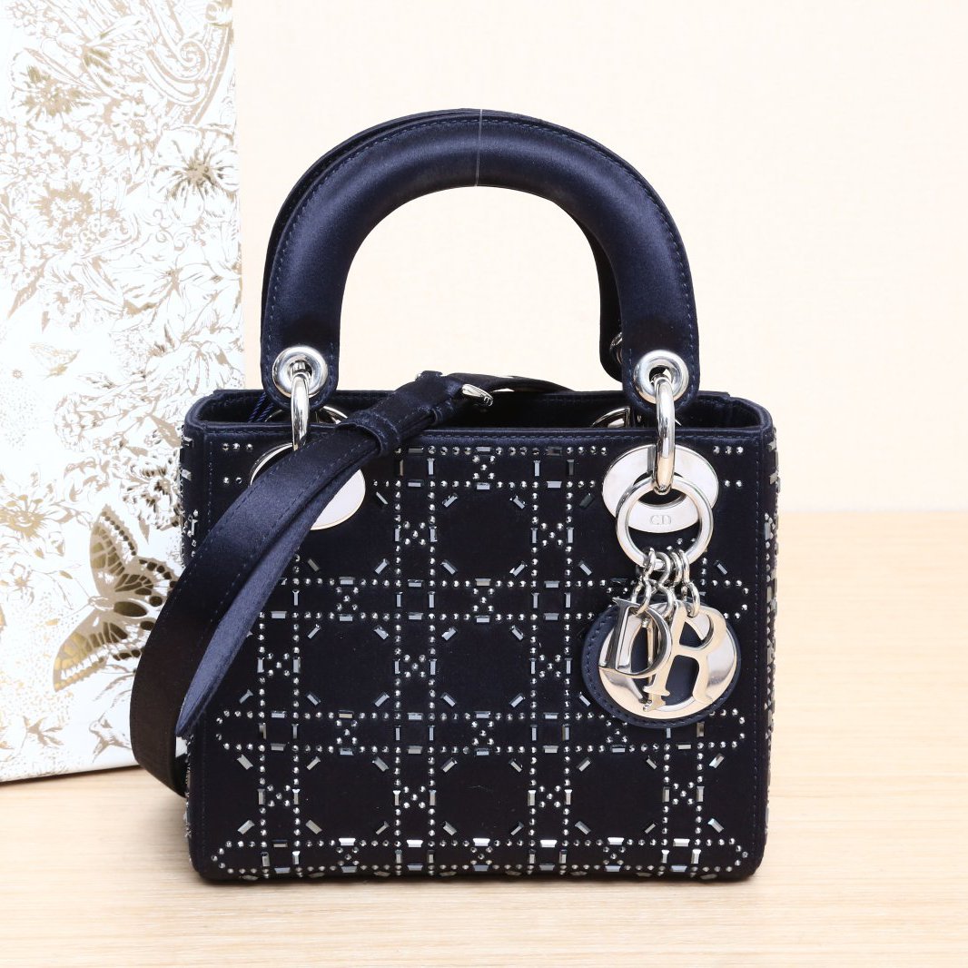 99新 DIOR/迪奥 小花6花 戴妃包 三格 墨蓝色 缎面 银扣 2016