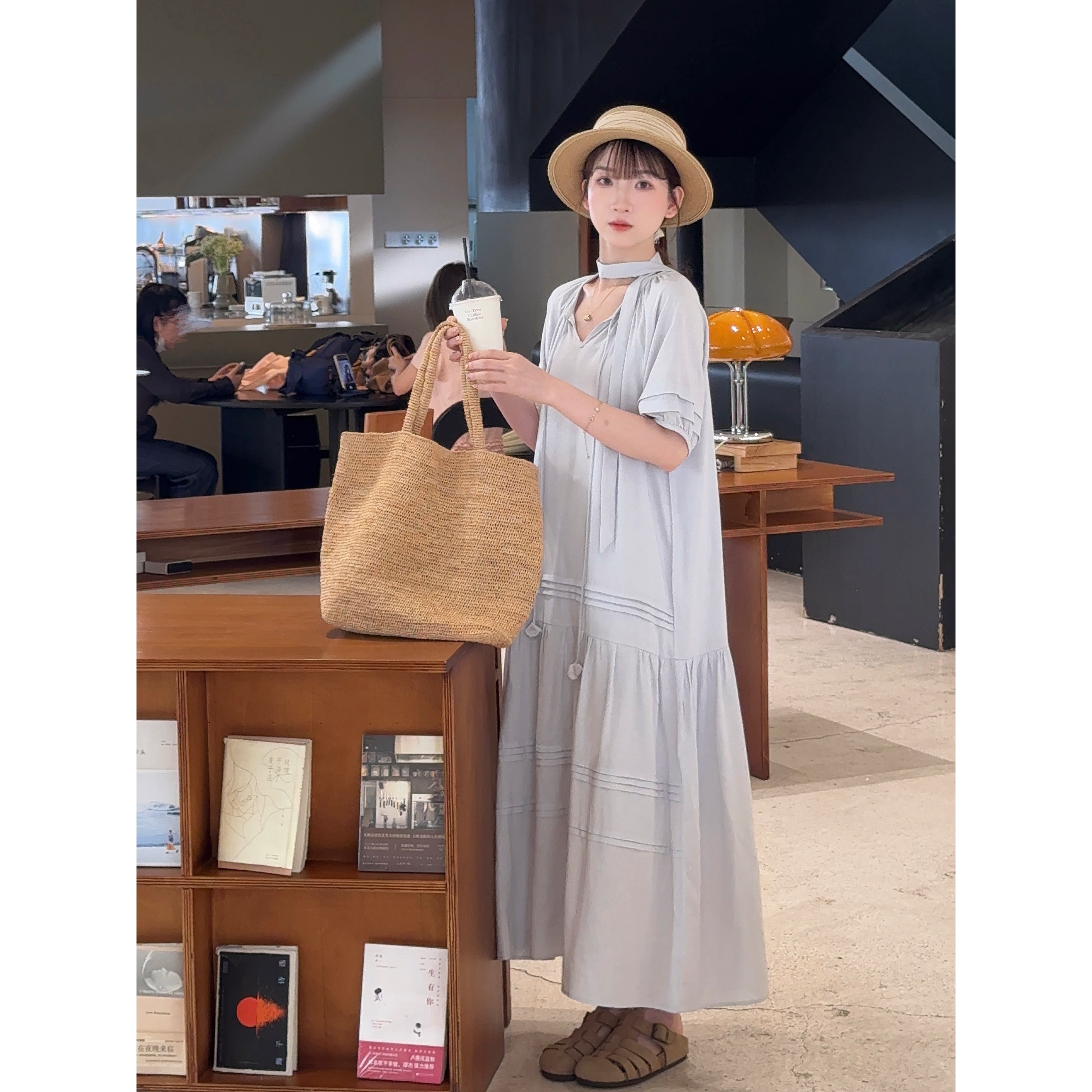小冰涡 韩系压褶重工亚麻两件套连衣裙（配腰带）