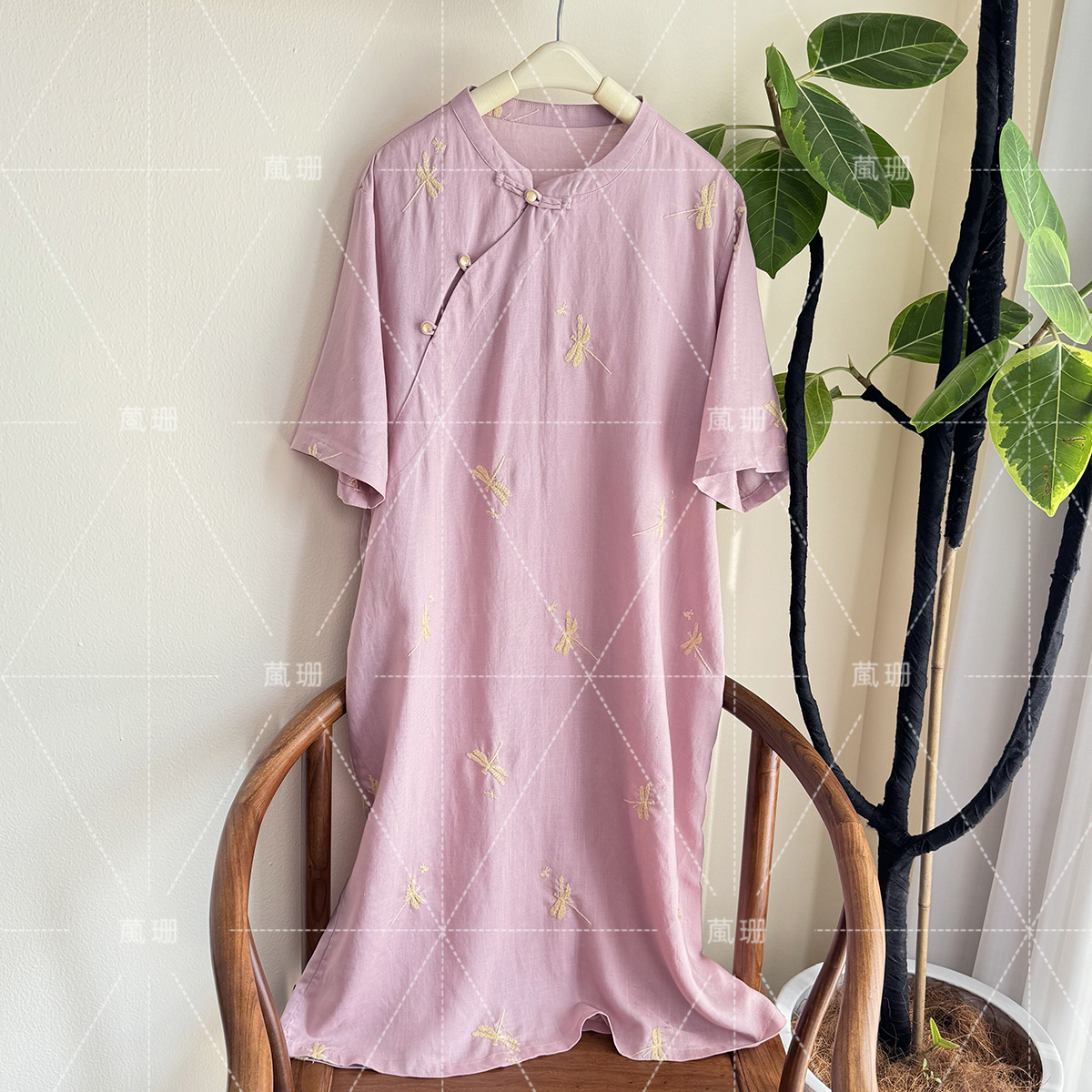 【蜻蜓】原创设计新中式夏季亚麻禅意刺绣小蜻蜓连衣裙52469