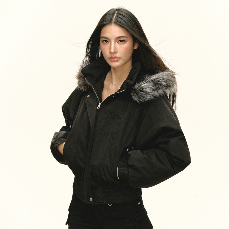 Ariseism 美式复古黑色棉服灰色毛毛女秋季新款