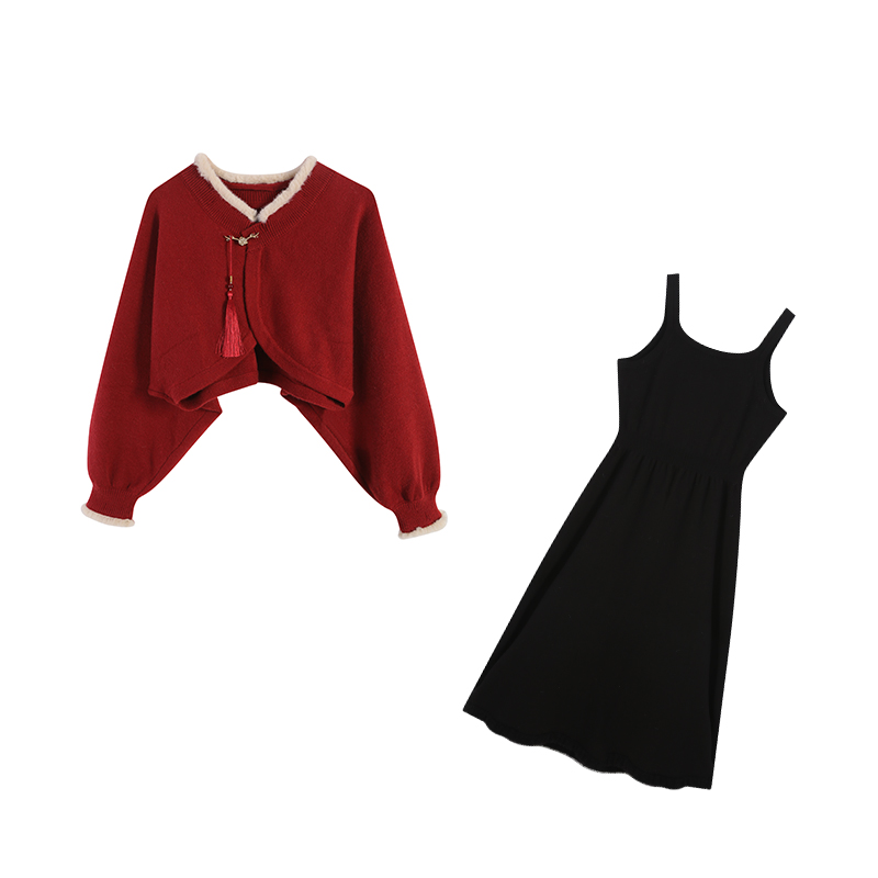 【闭店清仓】胖妹妹新中式短款针织上衣遮肉吊带裙两件套ZL101491