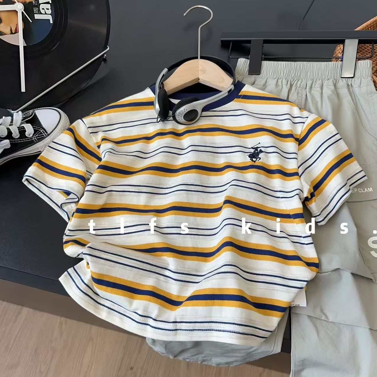 童例「25259条纹拼领圆领短T恤」夏季透气休闲亲肤男童女童短袖百搭