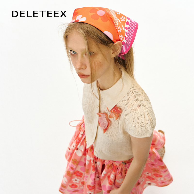 Deleteex原创悠然假期设计师橙色格子花卉多功能头巾抹胸围巾方巾