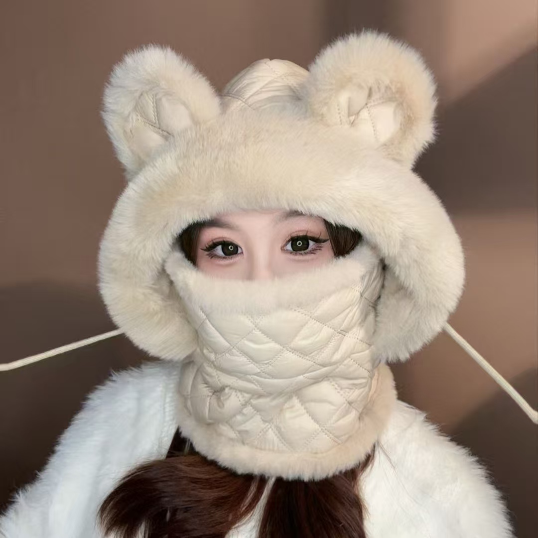 冬季骑行新款帽子围巾一体毛绒百搭防风加厚加绒保暖帽女