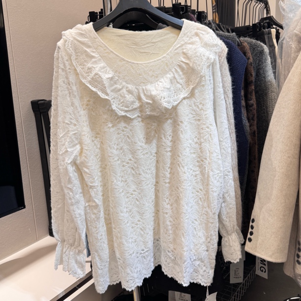 大码女装秋季新品甜美时尚蕾丝衫韩版重工拼接娃娃领遮肉显瘦大衫