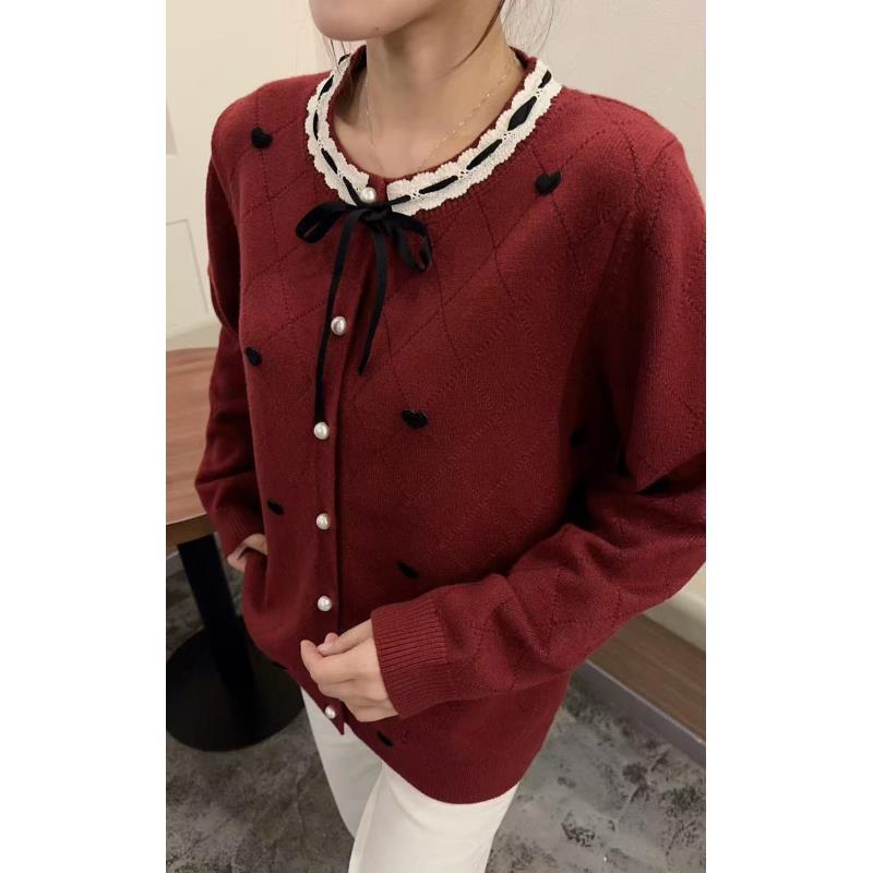 【胜华严选】秋冬新款 小香风优雅针织爱心系带上衣8608