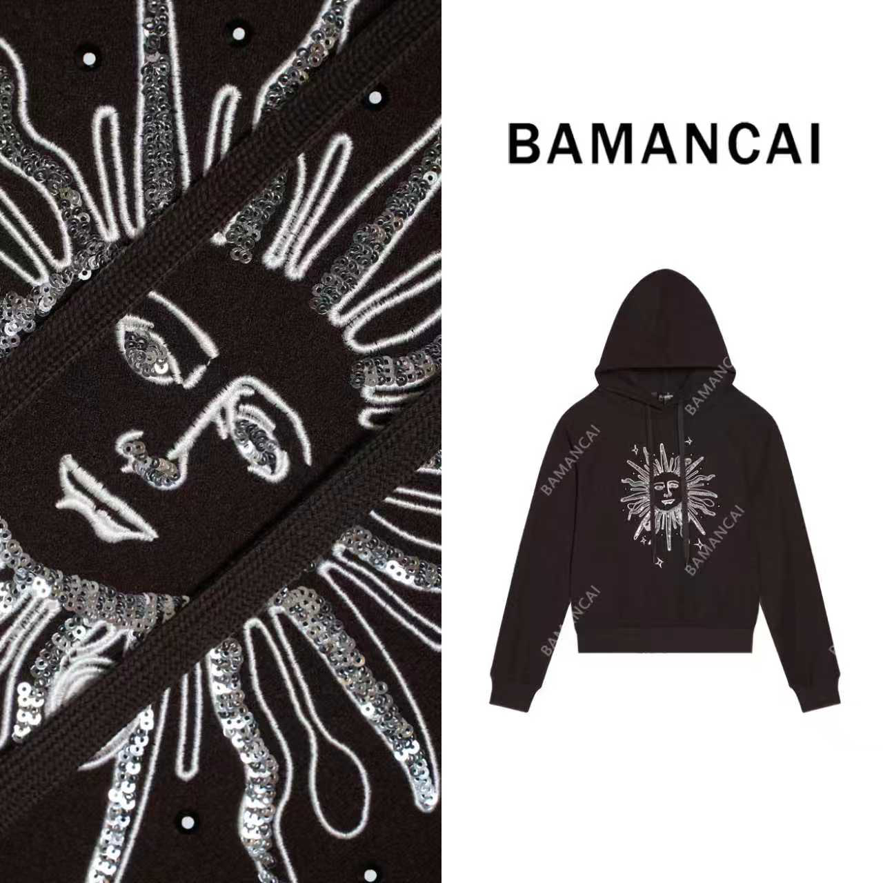 Bamancai-设计感复古太阳花刺绣烫钻带帽套头加绒圆领卫衣女