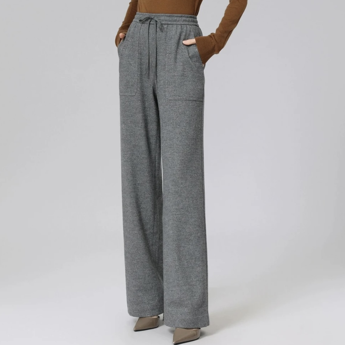  阿玛施时尚气质松紧细闪收腰抽绳休闲长裤含羊毛直筒裤女5100386