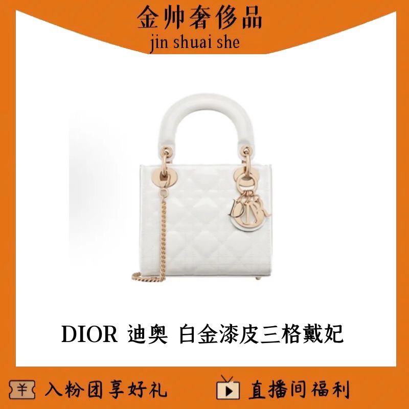 99新 DIOR/迪奥 白金/漆皮/三格戴妃/手提/单肩包/B5396