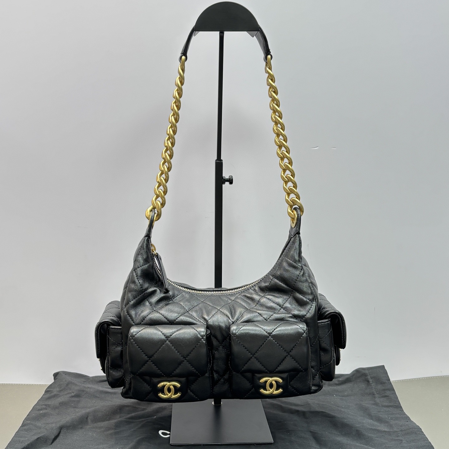 99新 Chanel/香奈儿 25C黑金嬉皮hobo单肩包 93568