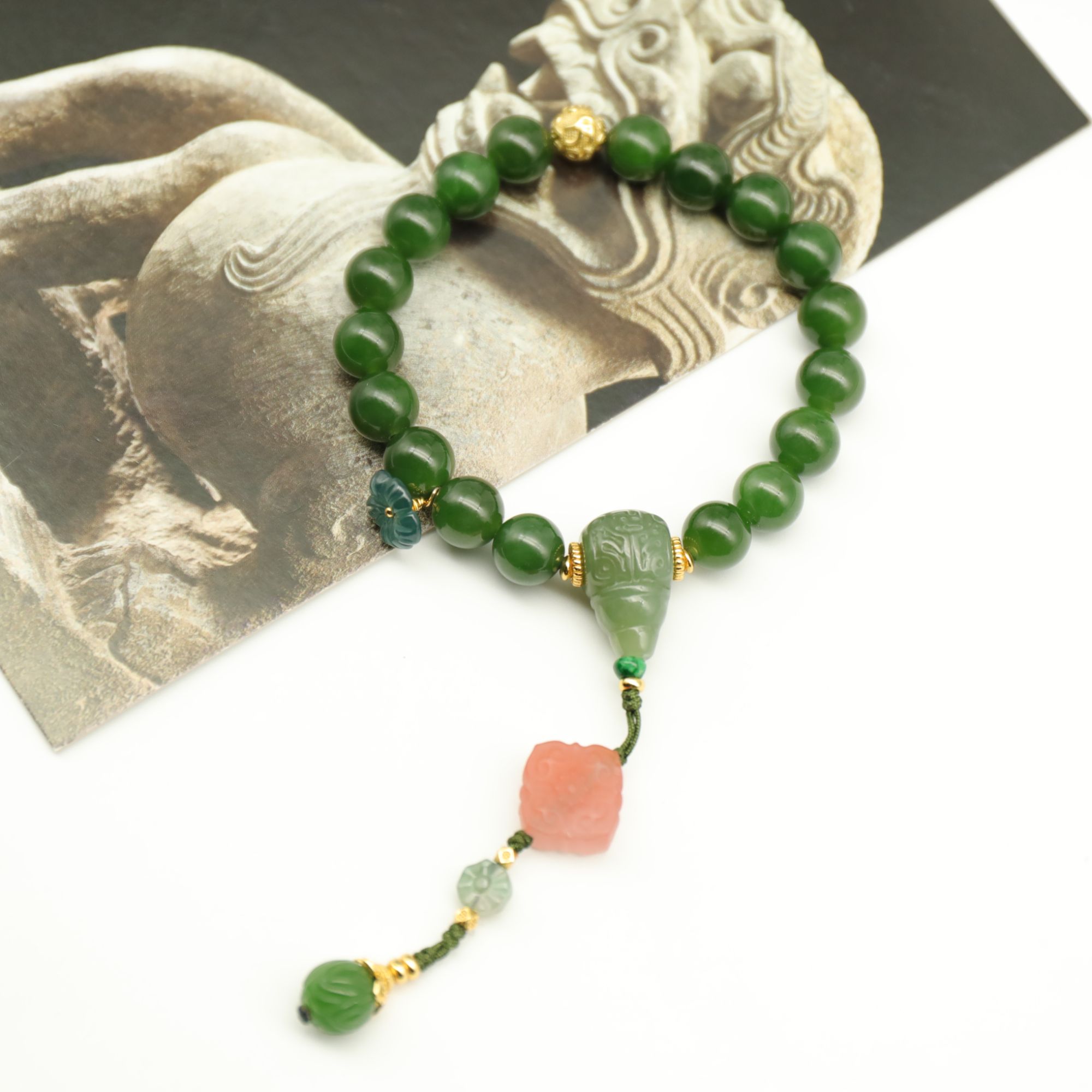 【妙安原创】和田玉清宫十八籽碧玉手持手串银镀金10mm