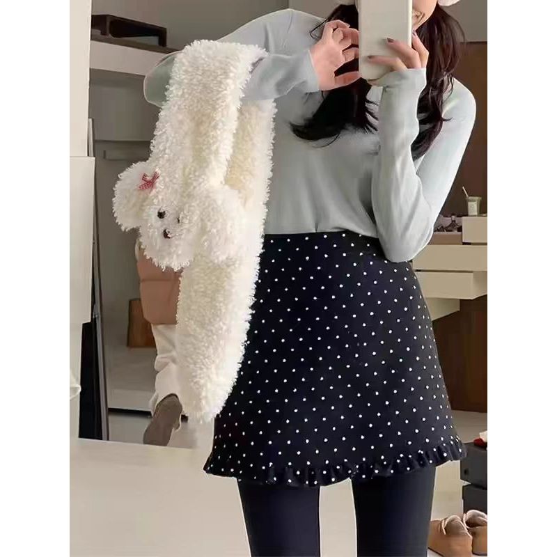 大甜家--黑色波点毛呢花边半裙（隐形拉链，安全裤）