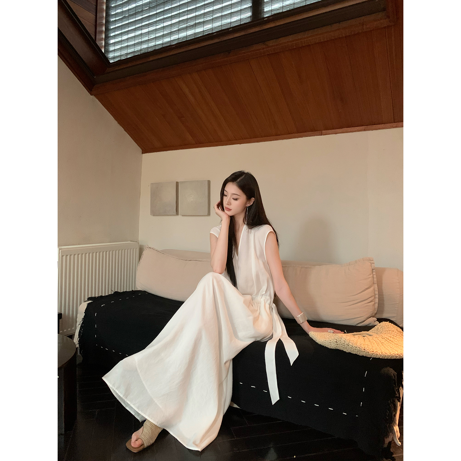 ICELOLLY 自由旅途 V领抽绳连袖条纹连衣裙整体飘逸自带风情